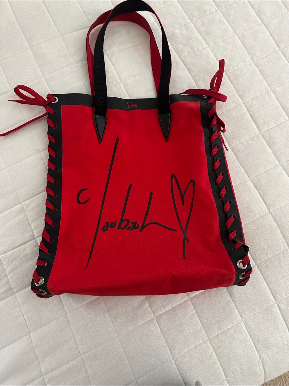 Christian Louboutin Red Canvas Tote with Black Trim and Signature Script